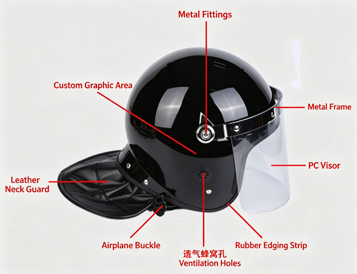 French-style (Flat/Curved) riot control helmet with transparent face shield – full-coverage protective security helmet.