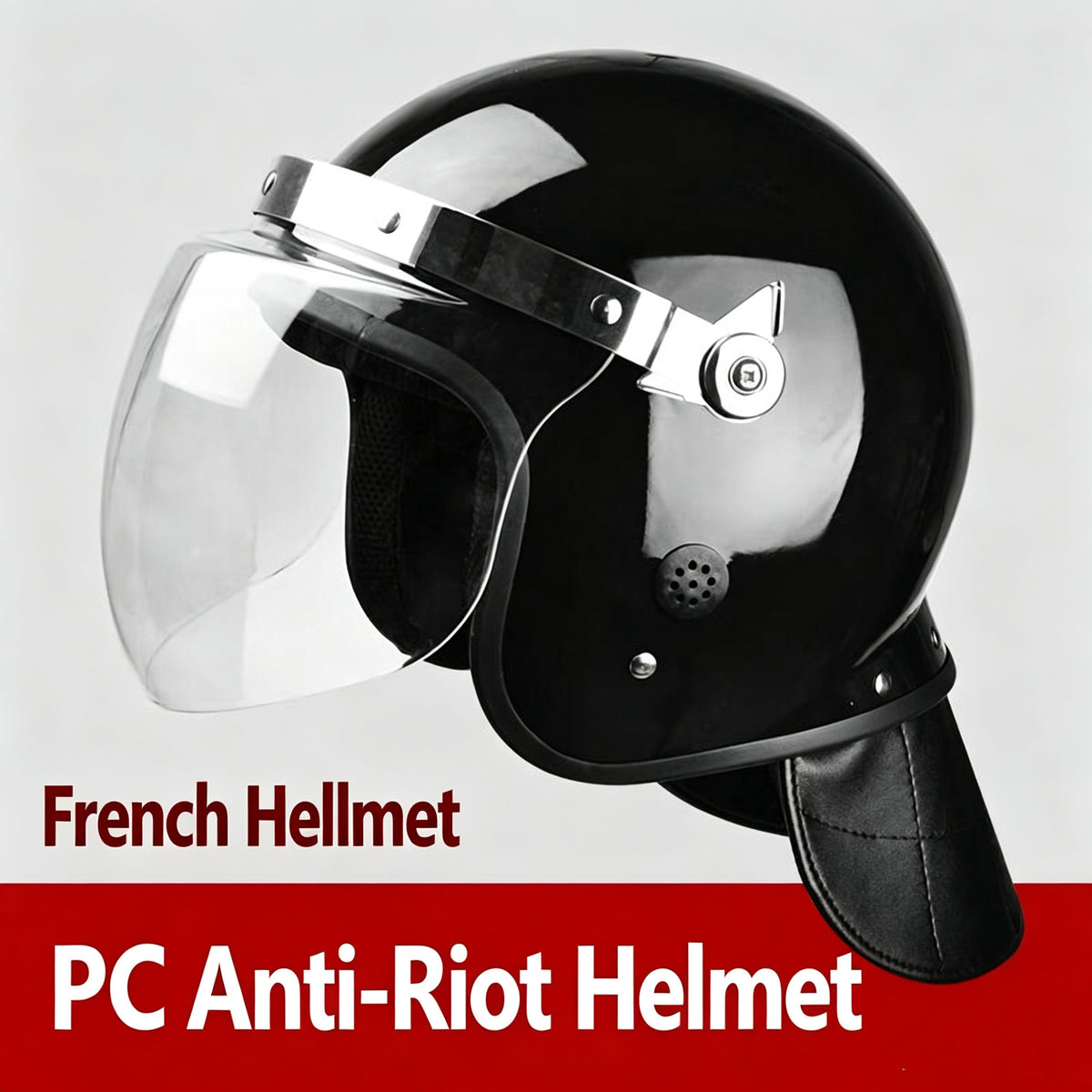 French-style (Flat/Curved) riot control helmet with transparent face shield – full-coverage protective security helmet.